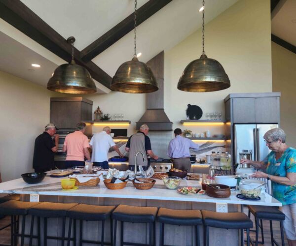 Siesta Hills residents gathering in the community clubhouse kitchen in Mankato Minnesota