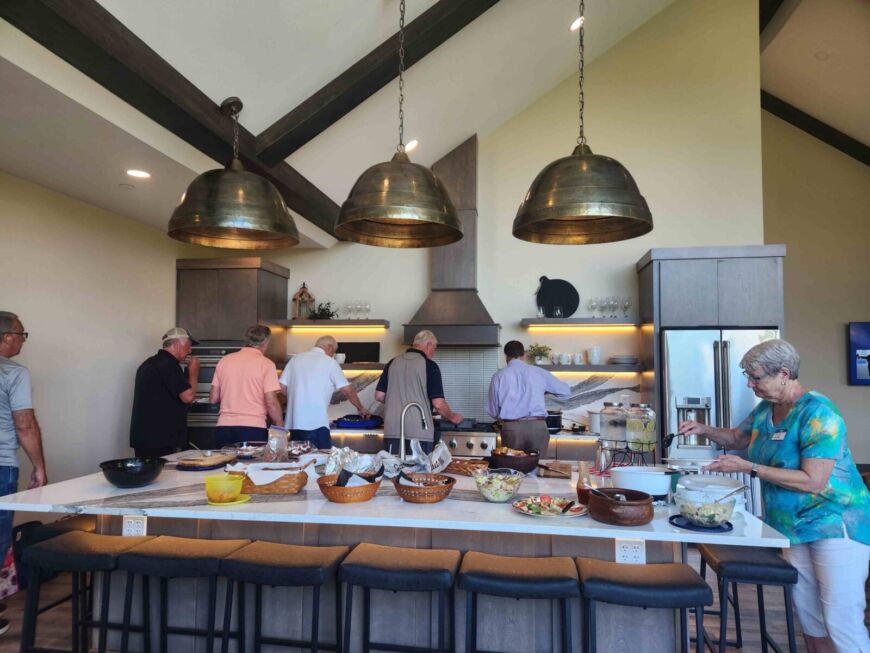 Siesta Hills residents gathering in the community clubhouse kitchen in Mankato Minnesota