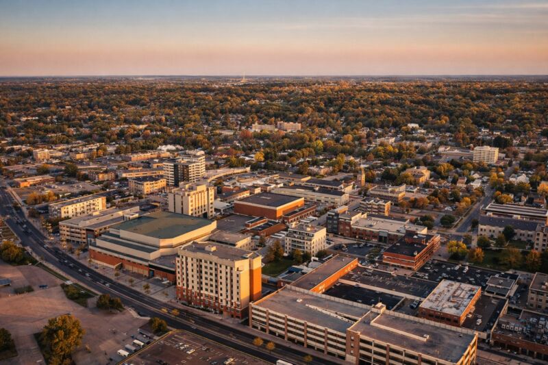 Mankato Minnesota downtown cityscape during golden hour in fall