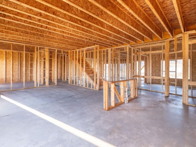 Custom home wood framing construction inside new house build in Siesta Hills Mankato Minnesota showing residential structure and planning process
