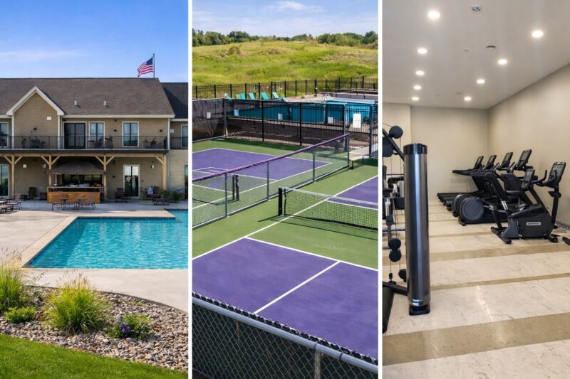 Collage of Siesta Hills community amenities in Mankato MN including pool, fitness center, and pickleball courts