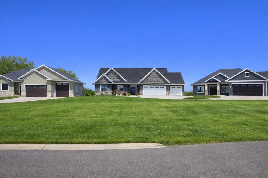 Siesta Hills homes in Mankato Minnesota during summer with green lawns and clear blue sky