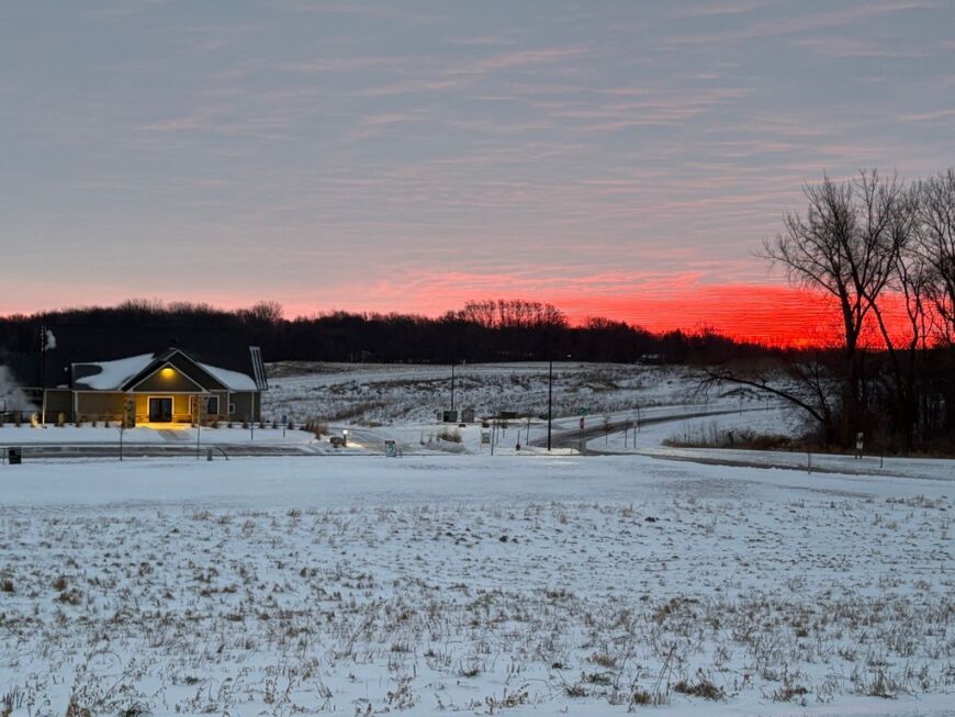 Siesta Hills in winter with snow-covered landscape and sunset in Mankato Minnesota
