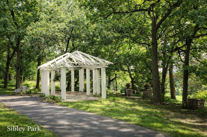 Sibley Park gazebo in Mankato Minnesota with walking path and tree-lined outdoor setting