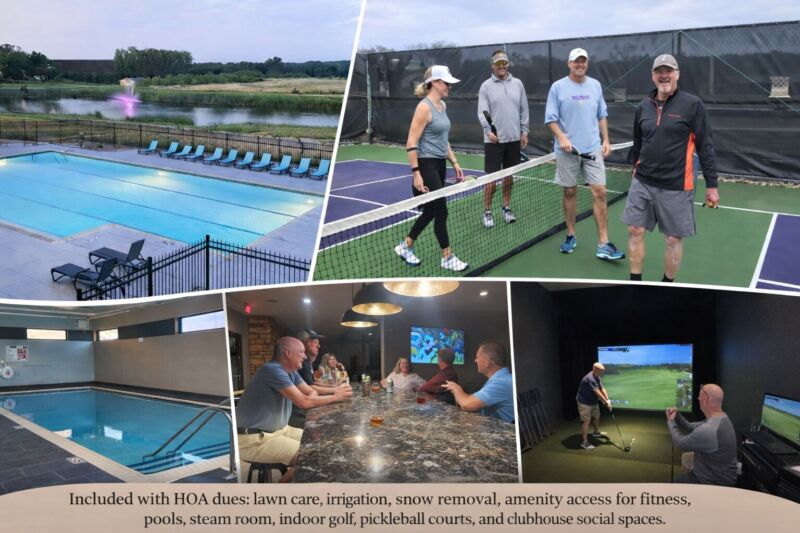Siesta Hills Mankato community amenities including pool, pickleball, clubhouse, and indoor golf
