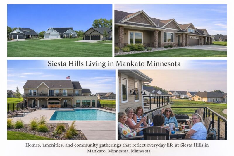 Siesta Hills homes, clubhouse pool, and community lifestyle in Mankato Minnesota
