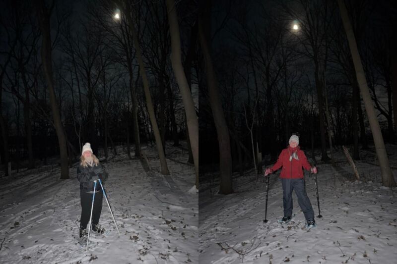 Siesta Hills residents enjoying a winter snowshoe outing under a full moon in Mankato Minnesota