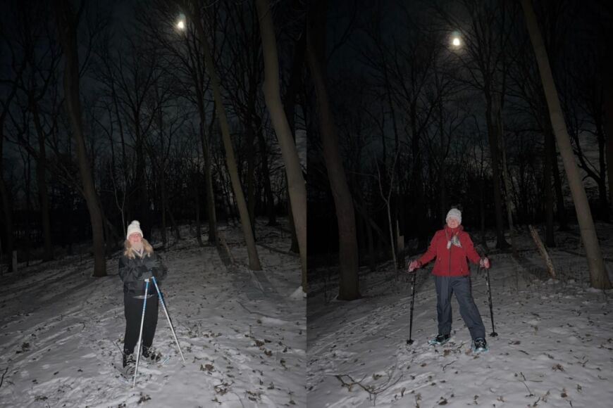 Siesta Hills residents enjoying a winter snowshoe outing under a full moon in Mankato Minnesota
