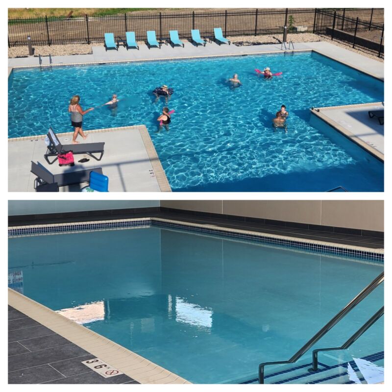 Indoor and outdoor swimming pools at Siesta Hills in Mankato Minnesota with residents enjoying the outdoor pool