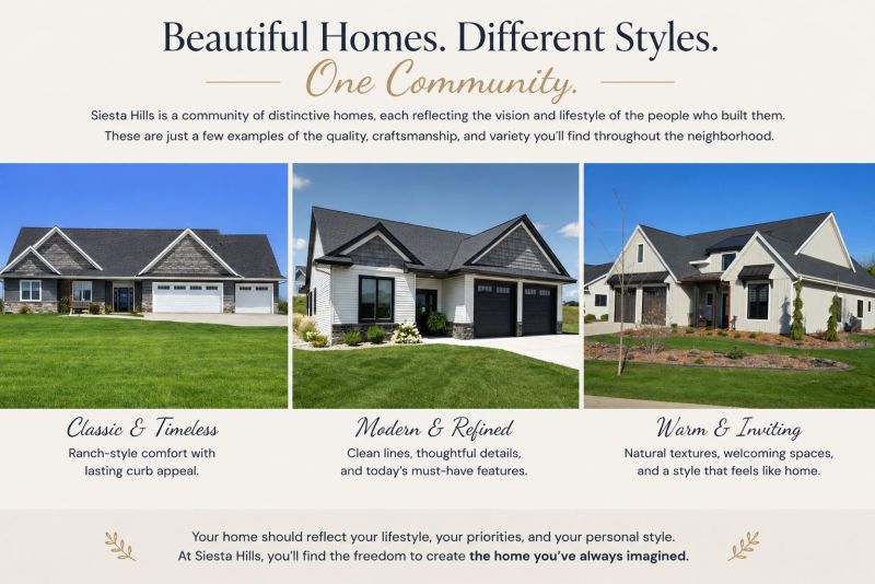 Examples of distinctive home styles found throughout the Siesta Hills community in Mankato, Minnesota, illustrating the architectural variety of homes within the neighborhood.
